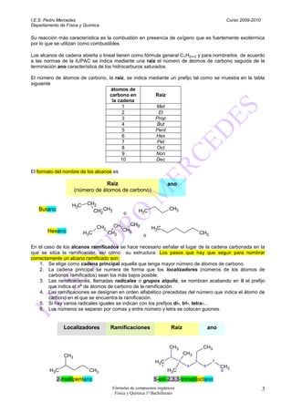 I.E.S. Pedro Mercedes                                                                                  Curso 2009-2010
Departamento de Física y Química

Su reacción más característica es la combustión en presencia de oxígeno que es fuertemente exotérmica
por lo que se utilizan como combustibles.

Los alcanos de cadena abierta o lineal tienen como fórmula general C nH2n+2 y para nombrarlos de acuerdo
a las normas de la IUPAC se indica mediante una raiz el número de átomos de carbono seguida de la
terminación ano característica de los hidrocarburos saturados

El número de átomos de carbono, la raiz, se indica mediante un prefijo tal como se muestra en la tabla
siguiente
                                 átomos de
                                 carbono en          Raiz
                                  la cadena
                                       1             Met
                                       2              Et
                                       3             Prop
                                       4              But
                                       5             Pent
                                       6             Hex
                                       7              Pet
                                       8             Oct
                                       9             Non
                                      10             Dec

El formato del nombre de los alcanos es

                                  Raíz                              ano
                     (número de átomos de carbono)

                   H3C    CH2
   Butano                   CH2 CH3                H3C              CH3
                                           o

                                       CH2  CH3
                               CH2                        H3C
       Hexano                             CH2
                         H3C         CH2        o                                       CH3

En el caso de los alcanos ramificados se hace necesario señalar el lugar de la cadena carbonada en la
que se sitúa la ramificación, así como su estructura. Los pasos que hay que seguir para nombrar
correctamente un alcano ramificado son:
    1. Se elige como cadena principal aquella que tenga mayor número de átomos de carbono.
    2. La cadena principal se numera de forma que los localizadores (números de los átomos de
        carbonos ramificados) sean los más bajos posible.
    3. Las ramificaciones, llamadas radicales o grupos alquilo, se nombran acabando en il el prefijo
        que indica el nº de átomos de carbono de la ramificación.
    4. Las ramificaciones se designan en orden alfabético precedidas del número que indica el átomo de
        carbono en el que se encuentra la ramificación.
    5. Si hay varios radicales iguales se indican con los prefijos di-, tri-, tetra-,..
    6. Los números se separan por comas y entre número y letra se colocan guiones.


               Localizadores         Ramificaciones                  Raíz                    ano


                                                                    CH3                  CH3
               CH3                                                            CH3
                                                                    2
                                                            H3C           3         5         7
                                                                1              4         6         CH3
        H3C                CH3                                      H3C                            8

            2-metilpentano                                 5-etil-2,3,3-trimetiloctano
                                      Fórmulas de compuestos orgánicos                                                   3
                                       Física y Química 1º Bachillerato
 