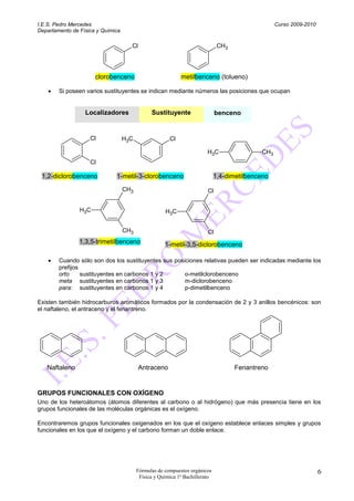 I.E.S. Pedro Mercedes                                                                             Curso 2009-2010
Departamento de Física y Química

                                     Cl                                       CH3




                      clorobenceno                          metilbenceno (tolueno)

        Si poseen varios sustituyentes se indican mediante números las posiciones que ocupan


                  Localizadores                Sustituyente                  benceno


                    Cl             H3C                 Cl

                                                                        H3C                 CH3
                    Cl

 1,2-diclorobenceno           1-metil-3-clorobenceno                         1,4-dimetilbenceno
                                   CH3                                  Cl


                H3C                                  H3C


                                   CH3                                  Cl
                1,3,5-trimetilbenceno                1-metil-3,5-diclorobenceno

        Cuando sólo son dos los sustituyentes sus posiciones relativas pueden ser indicadas mediante los
        prefijos
        orto     sustituyentes en carbonos 1 y 2      o-metilclorobenceno
        meta sustituyentes en carbonos 1 y 3          m-diclorobenceno
        para: sustituyentes en carbonos 1 y 4         p-dimetilbenceno

Existen también hidrocarburos aromáticos formados por la condensación de 2 y 3 anillos bencénicos: son
el naftaleno, el antraceno y el fenantreno.




   Naftaleno                              Antraceno                                 Fenantreno


GRUPOS FUNCIONALES CON OXÍGENO
Uno de los heteroátomos (átomos diferentes al carbono o al hidrógeno) que más presencia tiene en los
grupos funcionales de las moléculas orgánicas es el oxígeno.

Encontraremos grupos funcionales oxigenados en los que el oxígeno establece enlaces simples y grupos
funcionales en los que el oxígeno y el carbono forman un doble enlace.




                                         Fórmulas de compuestos orgánicos                                           6
                                          Física y Química 1º Bachillerato
 