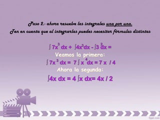 Paso 2.- ahora resuelve las integrales una por una.
Ten en cuenta que al integrarlas puedes necesitar fórmulas distintas
 
