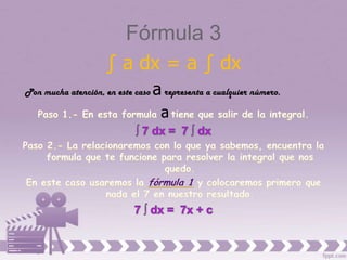 Fórmula 3
                    ∫ a dx = a ∫ dx
Pon mucha atención, en este caso   a representa a cualquier número.
                                     a
 