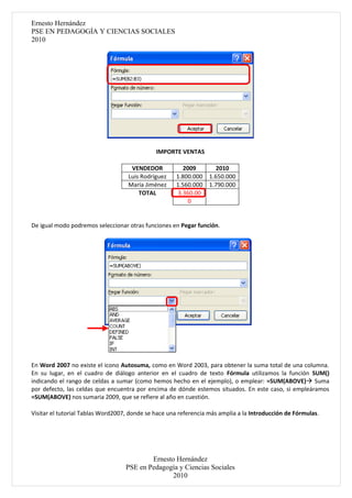 Ernesto Hernández
PSE EN PEDAGOGÍA Y CIENCIAS SOCIALES
2010




                                              IMPORTE VENTAS

                                     VENDEDOR           2009        2010
                                    Luis Rodríguez   1.800.000    1.650.000
                                    María Jiménez    1.560.000    1.790.000
                                        TOTAL         3.360.00
                                                          0


De igual modo podremos seleccionar otras funciones en Pegar función.




En Word 2007 no existe el icono Autosuma, como en Word 2003, para obtener la suma total de una columna.
En su lugar, en el cuadro de diálogo anterior en el cuadro de texto Fórmula utilizamos la función SUM()
indicando el rango de celdas a sumar (como hemos hecho en el ejemplo), o emplear: =SUM(ABOVE) Suma
por defecto, las celdas que encuentra por encima de dónde estemos situados. En este caso, si empleáramos
=SUM(ABOVE) nos sumaria 2009, que se refiere al año en cuestión.

Visitar el tutorial Tablas Word2007, donde se hace una referencia más amplia a la Introducción de Fórmulas.




                                           Ernesto Hernández
                                   PSE en Pedagogía y Ciencias Sociales
                                                  2010
 