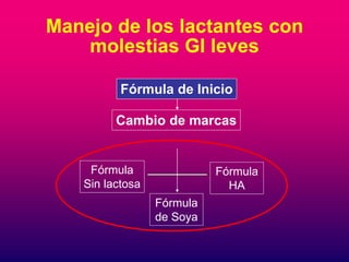 Manejo de los lactantes con 
molestias GI leves 
Fórmula de Inicio 
Cambio de marcas 
Fórmula 
Sin lactosa 
Fórmula 
de Soya 
Fórmula 
HA 
 