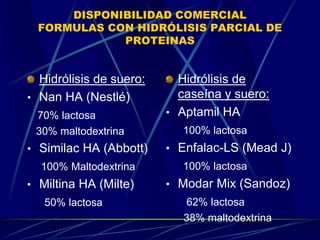 DISPONIBILIDAD COMERCIAL
FORMULAS CON HIDRÓLISIS PARCIAL DE
PROTEINAS
Hidrólisis de suero:
• Nan HA (Nestlé)
70% lactosa
30% maltodextrina
• Similac HA (Abbott)
100% Maltodextrina
• Miltina HA (Milte)
50% lactosa
Hidrólisis de
caseína y suero:
• Aptamil HA
100% lactosa
• Enfalac-LS (Mead J)
100% lactosa
• Modar Mix (Sandoz)
62% lactosa
38% maltodextrina
 