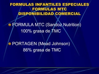 FORMULAS INFANTILES ESPECIALES
FORMULAS MTC
DISPONIBILIDAD COMERCIAL
FORMULA MTC (Sandoz Nutrition)
100% grasa de TMC
PORTAGEN (Mead Johnson)
86% grasa de TMC
 