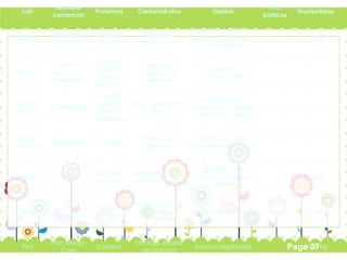 Page 37 
Lab Nombre 
comercial Proteínas Carbohidratos Lípidos Pro 
bióticos Nucleótidos 
Nutricia Aptamil 
[pepti junior] 
Proteína 
del suero 
Sólidos de 
glucosa 
50% TCM y 50% TCL, 
aceites vegetales, 
DHA y ARA 
- 25mg 
Abbott 
Similac 
alimentum 
advance 
Caseína, 
cisteina, 
tirosina, 
triptófano 
Sacarosa, 
almidón de 
tapioca 
Aceite de 
cártamo, TCM - - 
Mead 
Johnson Nutramigen 
Caseína, 
cisteina, 
tirosina, 
triptófano 
Miel y almidón de 
maíz 
Aceite de palma, 
soya, coco, girasol, 
TCM, DHA y ARA 
- - 
Mead 
Johnson Pregestimil Caseína Polímeros de 
glucosa 
55% TCM y 45% 
aceites vegetales - - 
Nestlé Alfaré Proteína 
del suero 
Maltodextrinas, 
almidón de papa 
40% TCM, 59% 
aceites vegetales, 
PUFAS 
- 42mg 
Pisa Friso 
intensive HA 
Proteína 
del suero 
Lactosa, jarabe 
de glucosa y 
GOS 
Aceites vegetales - 25.1mg 
Pisa Friso Allergy 
Care Caseína Lactosa, jarabe 
de glucosa Aceites vegeetales - 24.7mg 
 