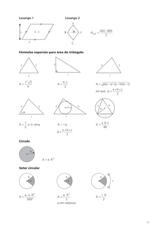 Losango 1                                  Losango 2



                                                                 (AC) × (BD)
                                          B            A Los =
                                                                     2

                                               C

Fórmulas especiais para área do triângulo




     l2 3                                b×c
A=                                  A=                     A = p(p – a) × (p – b)(p – c)
       4                                  2
                                                                               a +b +c
                                                           em que p =
                                                                                  2




     1                                                            a ×b×c
A=     × a × b × sena               A=rp                   A=
     2                                                              4R
                                         a +b +c
                                    p=
                                            2

Círculo


          R


                        A = p ×R2

Setor circular




     a ×p ×R2                           a ×R2                     l ×R
A=                                  A=                     A=
      360º                                2                        2
                                    a em radianos




                                                                                           11
 