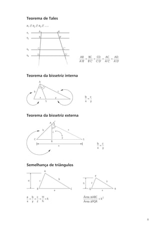 Teorema de Tales
a1 // a2 // a3 // .....




                                                           AB     BC    CD    AC    AD
                                                                =     =     =     =
                                                           A' B' B' C' C' D' A' C' A' D'



Teorema da bissetriz interna
               A



       b                                   c

               x                       y                         b c
                                                                  =
                       S                                         x y



Teorema da bissetriz externa
                           A

                   b                               c
                               c

                                               y
       C                                                     S
                           B
                                                                              b c
                                           x                                   =
                                                                              x y




Semelhança de triângulos
                       A

                                                                          P
                                           b
 H             c                                                                     y
                                                             h        z

           B                                           C          Q                      R
                                   a                                            x

a b c H                                                       Área DABC
 = = = =k                                                                     = k2
x y z h                                                       Área DPQR




                                                                                             8
 