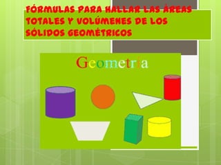 Fórmulas para hallar las áreas
totales y volúmenes de los
sólidos geométricos

 