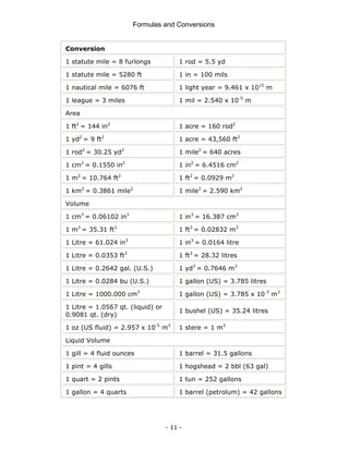 Formulas and Conversions
- 11 -
Conversion
1 statute mile = 8 furlongs 1 rod = 5.5 yd
1 statute mile = 5280 ft 1 in = 100 mils
1 nautical mile = 6076 ft 1 light year = 9.461 x 1015
m
1 league = 3 miles 1 mil = 2.540 x 10-5
m
Area
1 ft2
= 144 in2
1 acre = 160 rod2
1 yd2
= 9 ft2
1 acre = 43,560 ft2
1 rod2
= 30.25 yd2
1 mile2
= 640 acres
1 cm2
= 0.1550 in2
1 in2
= 6.4516 cm2
1 m2
= 10.764 ft2
1 ft2
= 0.0929 m2
1 km2
= 0.3861 mile2
1 mile2
= 2.590 km2
Volume
1 cm3
= 0.06102 in3
1 in3
= 16.387 cm3
1 m3
= 35.31 ft3
1 ft3
= 0.02832 m3
1 Litre = 61.024 in3
1 in3
= 0.0164 litre
1 Litre = 0.0353 ft3
1 ft3
= 28.32 litres
1 Litre = 0.2642 gal. (U.S.) 1 yd3
= 0.7646 m3
1 Litre = 0.0284 bu (U.S.) 1 gallon (US) = 3.785 litres
1 Litre = 1000.000 cm3
1 gallon (US) = 3.785 x 10-3
m3
1 Litre = 1.0567 qt. (liquid) or
0.9081 qt. (dry)
1 bushel (US) = 35.24 litres
1 oz (US fluid) = 2.957 x 10-5
m3
1 stere = 1 m3
Liquid Volume
1 gill = 4 fluid ounces 1 barrel = 31.5 gallons
1 pint = 4 gills 1 hogshead = 2 bbl (63 gal)
1 quart = 2 pints 1 tun = 252 gallons
1 gallon = 4 quarts 1 barrel (petrolum) = 42 gallons
 