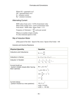 Formulas and Conversions
- 46 -
Where EG = generated e.m.f.
EB = generated back e.m.f.
Ia = armature current
Ra = armature resistance
Alternating Current
RMS value of sine curve = 0.707 of maximum value
Mean Value of Sine wave = 0.637 of maximum value
Form factor = RMS value / Mean Value = 1.11
Frequency of Alternator =
60
pN
cycles per second
Where p is number of pairs of poles
N is the rotational speed in r/min
Slip of Induction Motor
[(Slip speed of the field – Speed of the rotor) / Speed of the Field] × 100
Inductors and Inductive Reactance
Physical Quantity Equation
Inductors and Inductance
VL = L
t
d
i
d
Inductors in Series: LT = L1 + L2 + L3 + . . . .
Inductor in Parallel:
.....
L
1
L
1
L
1
L
1
3
2
1
T
+
+
+
=
Current build up
(switch initially closed after having
been opened)
At τ
t
-
L e
E
t)
(
v =
)
e
-
E(1
t)
(
v
t
R
τ
−
=
τ
t
-
e
1
(
R
E
i(t) −
= )
τ =
R
L
Current decay
(switch moved to a new position)
τ′
=
t
-
o e
I
i(t)
vR(t) = R i(t)
vL(t) = − RT i(t)
 