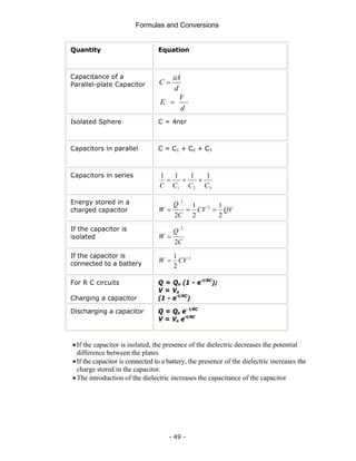 Formulas and Conversions
- 49 -
Quantity Equation
Capacitance of a
Parallel-plate Capacitor
d
A
C
ε
=
d
V
E =
Isolated Sphere C = 4πεr
Capacitors in parallel C = C1 + C2 + C3
Capacitors in series
3
2
1
1
1
1
1
C
C
C
C
+
+
=
Energy stored in a
charged capacitor QV
CV
C
Q
W
2
1
2
1
2
2
2
=
=
=
If the capacitor is
isolated
C
Q
W
2
2
=
If the capacitor is
connected to a battery
2
2
1
CV
W =
For R C circuits
Charging a capacitor
Q = Qo (1 - e-t/RC
);
V = Vo
(1 - e-t/RC
)
Discharging a capacitor Q = Qo e- t/RC
V = Vo e-t/RC
•If the capacitor is isolated, the presence of the dielectric decreases the potential
difference between the plates
•If the capacitor is connected to a battery, the presence of the dielectric increases the
charge stored in the capacitor.
•The introduction of the dielectric increases the capacitance of the capacitor
 