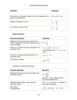 Formulas and Conversions
- 54 -
Quantity Equation
Work done in bringing charge q from A of potential VA to
point B of potential VB
W = q (VB – VA)
Relation between E and V
dx
dV
E −
=
For uniform electric field
d
V
E =
Magnetostatics
Physical Quantity Equation
Magnetic flux density (also called the B-
field) is defined as the force acting per unit
current length.
λ
I
F
B =
Force on a current-carrying conductor in a
magnetic field
F = I λ B F = I λ · B
And Magnitude of F = F = I λ B
sin θ
Force on a moving charged particle in a
magnetic field
F = q v · B
Circulating Charges
r
mv
qvB
2
=
Calculation of magnetic flux density
Physical Quantity Equation
Magnetic fields around a long straight wire
carrying current I
a
I
B o
π
μ
2
=
where a = perp. distance from a
very long straight wire.
Magnetic fields inside a long solenoid,
carrying current
I: B = μo n I, where n = number of
turns per unit length.
Hall effect
At equilibrium QvB
d
V
Q H
= and VH = B v d
 