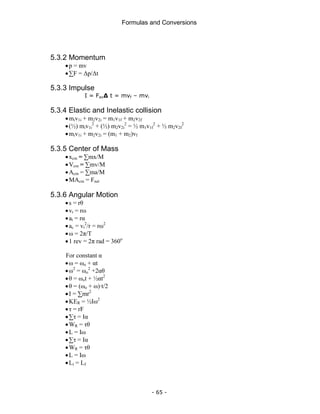 Formulas and Conversions
- 65 -
5.3.2 Momentum
•p = mv
•∑F = Δp/Δt
5.3.3 Impulse
I = Fav∆ t = mvf – mvi
5.3.4 Elastic and Inelastic collision
•miv1i + m2v2i = m1v1f + m2v2f
•(½) miv1i
2
+ (½) m2v2i
2
= ½ m1v1f
2
+ ½ m2v2f
2
•miv1i + m2v2i = (m1 + m2)vf
5.3.5 Center of Mass
•xcm = ∑mx/M
•Vcm = ∑mv/M
•Acm = ∑ma/M
•MAcm = Fnet
5.3.6 Angular Motion
•s = rθ
•vt = rω
•at = rα
•ac = vt
2
/r = rω2
•ω = 2π/T
•1 rev = 2π rad = 360o
For constant α
•ω = ωo + αt
•ω2
= ωo
2
+2αθ
•θ = ωot + ½αt2
•θ = (ωo + ω)·t/2
•I = ∑mr2
•KER = ½Iω2
•τ = rF
•∑τ = Iα
•WR = τθ
•L = Iω
•∑τ = Iα
•WR = τθ
•L = Iω
•Li = Lf
 