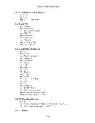 Formulas and Conversions
- 66 -
5.3.7 Conditions of Equilibrium
•∑ Fx = 0
•∑ Fy = 0
•∑τ = 0 (any axis)
5.3.8 Gravity
•F = Gm1m2/r2
•T = 2π / √r3
/GMs
•G = 6.67 x 10-11
N-m2
/kg2
•g = GME / R2
E
•PE = - Gm1m2 / r
•ve = √2GME / RE
•vs = √GME / r
•ME = 5.97 x 1024
kg
•RE = 6.37 x 106
m
5.3.9 Vibrations & Waves
•F = -kx
•PEs = ½kx2
•x = Acosθ = Acos(ωt)
•v = -Aωsin(ωt)
•a = -Aω2
cos(ωt)
•ω = √k / m
•f = 1 / T
•T = 2π√m / k
•E = ½kA2
•T = 2π√L / g
•vmax = Aω
•amax = Aω2
•v = λ f v = √FT/μ
•μ = m/L
•I = P/A
•β = 10log(I/Io)
•Io = 1 x 10-12
W/m2
•f’
= f[(1 ± v0/v)/(1 μ vs/v)]
•Surface area of the sphere = 4πr2
•Speed of sound waves = 343 m/s
5.3.10 Standing Waves
•fn = nf1
•fn = nv/2L (air column, string fixed both ends) n = 1,2,3,4…….
•fn = nv/4L (open at one end) n = 1,3,5,7………
5.3.11 Beats
 