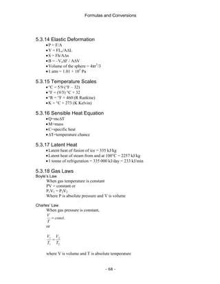Formulas and Conversions
- 68 -
5.3.14 Elastic Deformation
•P = F/A
•Y = FLo/A∆L
•S = Fh/A∆x
•B = –Vo∆F / A∆V
•Volume of the sphere = 4πr3
/3
•1 atm = 1.01 × 105
Pa
5.3.15 Temperature Scales
•°C = 5/9 (°F – 32)
•°F = (9/5) °C + 32
•°R = °F + 460 (R Rankine)
•K = °C + 273 (K Kelvin)
5.3.16 Sensible Heat Equation
•Q=mcΔT
•M=mass
•C=specific heat
•ΔT=temperature chance
5.3.17 Latent Heat
•Latent heat of fusion of ice = 335 kJ/kg
•Latent heat of steam from and at 100°C = 2257 kJ/kg
•1 tonne of refrigeration = 335 000 kJ/day = 233 kJ/min
5.3.18 Gas Laws
Boyle’s Law
When gas temperature is constant
PV = constant or
P1V1 = P2V2
Where P is absolute pressure and V is volume
Charles’ Law
When gas pressure is constant,
.
const
T
V
=
or
2
2
1
1
T
V
T
V
=
where V is volume and T is absolute temperature
 