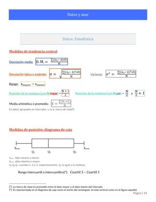 Página | 14
Datos y azar
Datos: Estadística
Medidas de dispersión
Desviación media: D. M. =
∑(|xi− x̅|•fi)
N
Desviación típica o estándar: σ = √
∑[(xi− x̅)2•fi]
N
Varianza: σ2
=
∑[(xi− x̅)2•fi]
N
Rango: xmayor − xmenor
Posición de la mediana (con N impar) =
N + 1
2
Posición de la mediana (con N par) =
N
2
y
N
2
+ 1
Media aritmética o promedio: x̅ =
∑(Xi • fi)
N
En datos agrupados en intervalos, xi es la marca de clase[3
].
Diagrama de caja
Xmín.: dato mínimo o menor.
Xmáx.: dato máximo o mayor.
Q1, Q2, Q3: cuartiles 1, 2 y 3, respectivamente. Q2 es igual a la mediana.
Rango intercuartil o intercuartílico[4]: Cuartil 3 – Cuartil 1
[3
]: La marca de clase es promedio entre el dato mayor y el dato menor del intervalo.
[4
]: Es representado en el diagrama de caja como el ancho del rectángulo. (si es que está vertical, como en la figura)
 