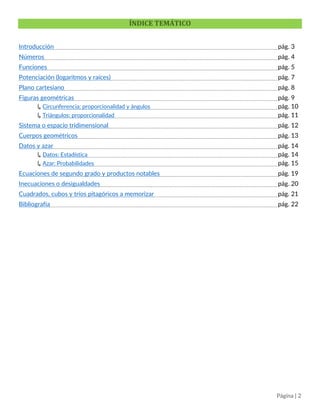 Página | 2
Índice de contenido
Introducción pág. 3
Números pág. 4
Funciones pág. 5
Potenciación (logaritmos y raíces) pág. 7
Plano cartesiano pág. 8
Figuras geométricas pág. 9
↳ Circunferencia: proporcionalidad y ángulos pág. 10
↳ Triángulos: proporcionalidad pág. 11
Sistema o espacio tridimensional pág. 12
Cuerpos geométricos pág. 13
Datos y azar pág. 14
↳ Datos: Estadística pág. 14
↳ Azar: Probabilidades pág. 15
Ecuaciones de segundo grado y productos notables pág. 19
Inecuaciones o desigualdades pág. 20
Cuadrados, cubos y tríos pitagóricos a memorizar pág. 21
Bibliografía pág. 22
 