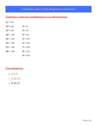 Página | 21
Cuadrados, cubos y tríos pitagóricos a memorizar
Cuadrados y cubos que probablemente sí sea útil memorizar
112 = 121
122 = 144
132 = 169 33 = 27
142 = 196 43 = 64
152 = 225 53 = 125
162 = 256 63 = 216
172 = 289 73 = 343
182 = 324 83 = 512
93 = 729
Tríos pitagóricos
o 3, 4, 5
o 5, 12, 13
o 8, 15, 17
 