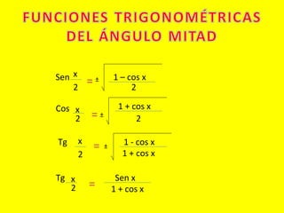 2
Sen x
= ± 1 – cos x
2
Cos x
2 = ±
1 + cos x
2
Tg x
2
= ± 1 - cos x
1 + cos x
Tg x
2 =
Sen x
1 + cos x