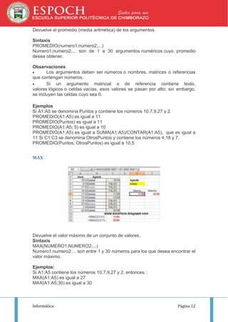 Devuelve el promedio (media aritmética) de los argumentos.
Sintaxis
PROMEDIO(numero1;numero2;...)
Numero1;numero2;... son de 1 a 30 argumentos numéricos cuyo promedio
desea obtener.
Observaciones

Los argumentos deben ser números o nombres, matrices o referencias
que contengan números.

Si un argumento matricial o de referencia contiene texto,
valores lógicos o celdas vacías, esos valores se pasan por alto; sin embargo,
se incluyen las celdas cuyo sea 0.
Ejemplos
Si A1:A5 se denomina Puntos y contiene los números 10,7,9,27 y 2:
PROMEDIO(A1:A5) es igual a 11
PROMEDIO(Puntos) es igual a 11
PROMEDIO(A1:A5; 5) es igual a 10
PROMEDIO(A1:A5) es igual a SUMA(A1:A5)/CONTAR(A1:A5), que es igual a
11 Si C1:C3 se denomina OtrosPuntos y contiene los números 4,18 y 7.
PROMEDIO(Puntos; OtrosPuntos) es igual a 10,5

MAX

Devuelve el valor máximo de un conjunto de valores.
Sintaxis
MAX(NUMERO1;NUMERO2;...)
Numero1;numero2:... son entre 1 y 30 números para los que desea encontrar el
valor máximo.
Ejemplos:
Si A1:A5 contiene los números 10,7,9,27 y 2, entonces :
MAX(A1:A5) es igual a 27
MAX(A1:A5;30) es igual a 30

Informática

Página 12

 