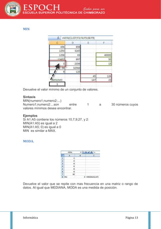 MIN

Devuelve el valor mínimo de un conjunto de valores.
Sintaxis
MIN(numero1;numero2;...)
Numero1;numero2:...son
entre
valores mínimos desea encontrar.

1

a

30 números cuyos

Ejemplos
Si A1:A5 contiene los números 10,7,9,27, y 2:
MIN(A1:A5) es igual a 2
MIN(A1:A5; 0) es igual a 0
MIN es similar a MAX.

MODA.

Devuelve el valor que se repite con mas frecuencia en una matriz o rango de
datos. Al igual que MEDIANA, MODA es una medida de posición.

Informática

Página 13

 
