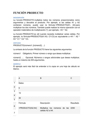 FUNCIÓN PRODUCTO
DESCRIPCIÓN

La función PRODUCTO multiplica todos los números proporcionados como
argumentos y devuelve el producto. Por ejemplo, si las celdas A1 y A2
contienen números, puede usar la fórmula =PRODUCTO(A1, A2) para
multiplicar los dos números. También puede realizar la misma operación con el
operador matemático de multiplicación (*); por ejemplo, =A1 * A2.
La función PRODUCTO es útil cuando necesita multiplicar varias celdas. Por
ejemplo, la fórmula=PRODUCTO(A1:A3; C1:C3) es equivalente a =A1 * A2 *
A3 * C1 * C2 * C3.
SINTAXIS

PRODUCTO(número1; [número2]; ...)
La sintaxis de la función PRODUCTO tiene los siguientes argumentos:
número1

Obligatorio. Primer número o rango que desea multiplicar.

número2, ... Opcional. Números o rangos adicionales que desea multiplicar,
hasta un máximo de 255 argumentos.
EJEMPLO

El ejemplo será más fácil de entender si lo copia en una hoja de cálculo en
blanco.

A

Descripción

Resultado

=PRODUCTO(A2:A4)

2

C

Fórmula

1

B

Multiplica los números de las 2250
celdas A2 a A4.

Datos
5

3
15
4
5

30

6

7

 