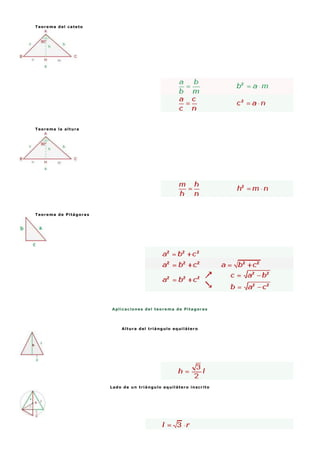 Teorema del cateto
Teorema la altura
Teorema de Pitágoras
Aplicaciones del teorema de Pitagoras
Altura del triángulo equilátero
Lado de un triángulo equilátero inscrito
 