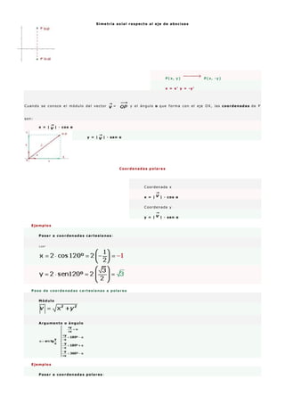 Simetría axial respecto al eje de abscisas
P(x, y) P(x, -y)
x = x' y = -y'
Cuando se conoce el módulo del vector = y el ángulo α que forma con el eje OX, las coordenadas de P
son:
x = | | · cos α
y = | | · sen α
Coordenadas polares
Coordenada x
x = | | · cos α
Coordenada y
y = | | · sen α
Ejemplos
Pasar a coordenadas cartesianas:
1 2 0 º
Paso de coordenadas cartesianas a polares
Módulo
Argumento o ángulo
Ejemplos
Pasar a coordenadas polares:
 