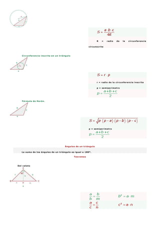 R = radio de la circunferencia
circunscrita
Circunferencia inscrita en un triángulo
r = radio de la circunferencia inscrita
p = semiperímetro
Fórmula de Herón.
p = semiperímetro
Ángulos de un triángulo
La suma de los ángulos de un triángulo es igual a 180º.
Teoremas
Del cateto
 