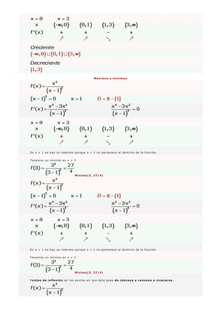 Máximos y mínimos
En x = 1 no hay un máximo porque x = 1 no pertenece al dominio de la función.
Tenemos un mínimo en x = 3
Mínimo(3, 27/4)
En x = 1 no hay un máximo porque x = 1 no pertenece al dominio de la función.
Tenemos un mínimo en x = 3
Mínimo(3, 27/4)
Puntos de inflexión en los puntos en que ésta pasa de cóncava a convexa o vicecersa.
 