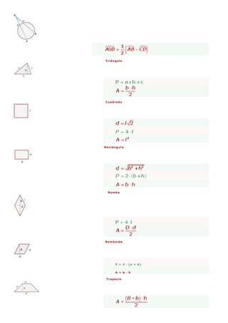 Triángulo
Cuadrado
Rectángulo
Rombo
Romboide
P = 2 · (a + b)
A = b · h
Trapecio
 