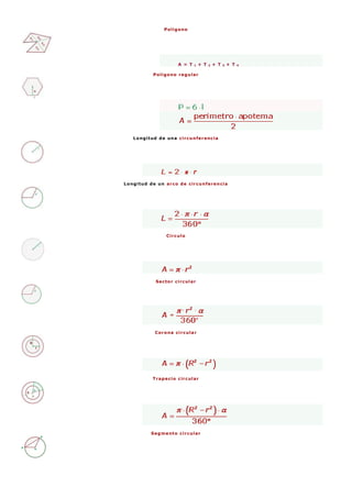 Polígono
A = T 1 + T 2 + T 3 + T 4
Polígono regular
Longitud de una circunferencia
Longitud de un arco de circunferencia
Círculo
Sector circular
Corona circular
Trapecio circular
Segmento circular
 