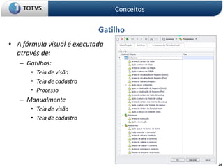 26
Gatilho
• A fórmula visual é executada
através de:
– Gatilhos:
• Tela de visão
• Tela de cadastro
• Processo
– Manualmente
• Tela de visão
• Tela de cadastro
Conceitos
 