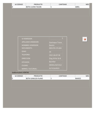 Id CODIGO           PRODUCTO                CANTIDAD           MES
4               BOTA CUERO TACON     5                     ABRIL




           Id VENDEDOR:                                5

           APELLIDOS VENDEDOR:      Siachoque Triana
           NOMBRES VENDEDOR:        Beatriz
           DOCUMENTO:               000.076.574.844
           EDAD:                    34
           TELEFONO:                320.5.66.87.96
           DIRECCION:               Diag 34 No 56-8

           ESTUDIOS:                Bachiller

           CIUDAD:                  MEDELLIN/COLO

           BARRIO / SUCURSAL:       ALTA BLANCA

Subformulario VENTAS
    Id CODIGO           PRODUCTO                CANTIDAD           MES
5               BOTA GAMUZA PLANO    3                     MARZO
 