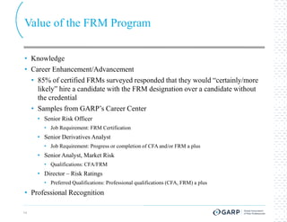 Value of the FRM Program

• Knowledge
• Career Enhancement/Advancement
  • 85% of certified FRMs surveyed responded that they would “certainly/more
    likely” hire a candidate with the FRM designation over a candidate without
    the credential
  • Samples from GARP’s Career Center
     • Senior Risk Officer
       • Job Requirement: FRM Certification
     • Senior Derivatives Analyst
       • Job Requirement: Progress or completion of CFA and/or FRM a plus
     • Senior Analyst, Market Risk
       • Qualifications: CFA/FRM
     • Director – Risk Ratings
       • Preferred Qualifications: Professional qualifications (CFA, FRM) a plus
• Professional Recognition

14
 