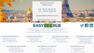 easyRECrue est un service proposé par EASYRECRUE SAS
EASYRECRUE, SAS au capital de 585 051 euros
Immatriculée au greffe de Paris sous le numéro B 794 671 370
48 rue Vivienne
75002 Paris
Tél : 09 72 46 23 56
Fax : 09 53 12 95 38
contact@easyrecrue.com
www.easyrecrue.com
EASYRECRUE MADRID
C/Mallorca 4, Semisótano 3
28012 Madrid
Tel: +34 672 16 63 05
EASYRECRUE FRANKFURT
Berger Straße 175
60385 Frankfurt am Main,
Tel: +49 152 08 68 71 25
EASYRECRUE MILANO
Via Paolo Sarpi, 8
20154 Milano
Tel: +39 329 837 1998
EASYRECRUE AMSTERDAM
Mauritskade 55 C,
1092 AD—Amsterdam
Tel: +31 020 799 12 20
EASYRECRUE GENEVA
Place De-Grenus 4
1201 Genève, Suisse
Tel: +41 76 803 63 72
EASYRECRUE LONDON
Suite 102 Lincoln House,
1-3 Brixton Road
London SW9 6DE
Tel: +44 7780 587964
EASYRECRUE LILLE
104 rue Nationale
59800 Lille
Tel: +33 6 77 31 25 10
 