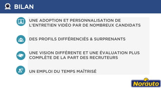 BILAN
UNE ADOPTION ET PERSONNALISATION DE
L’ENTRETIEN VIDÉO PAR DE NOMBREUX CANDIDATS
DES PROFILS DIFFÉRENCIÉS & SURPRENANTS
UNE VISION DIFFÉRENTE ET UNE ÉVALUATION PLUS
COMPLÈTE DE LA PART DES RECRUTEURS
UN EMPLOI DU TEMPS MAÎTRISÉ
 