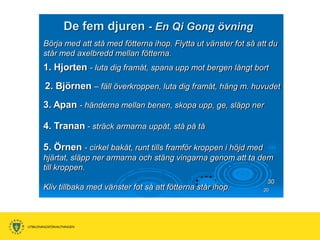 De fem djuren - En Qi Gong övning
Börja med att stå med fötterna ihop. Flytta ut vänster fot så att du
står med axelbredd mellan fötterna.
1. Hjorten - luta dig framåt, spana upp mot bergen långt bort
2. Björnen – fäll överkroppen, luta dig framåt, häng m. huvudet
3. Apan - händerna mellan benen, skopa upp, ge, släpp ner

4. Tranan - sträck armarna uppåt, stå på tå

5. Örnen - cirkel bakåt, runt tills framför kroppen i höjd med
hjärtat, släpp ner armarna och stäng vingarna genom att ta dem
till kroppen.
                                                                  30
Kliv tillbaka med vänster fot så att fötterna står ihop.         20
 