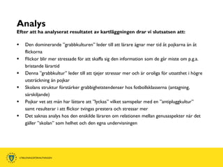 Analys
Efter att ha analyserat resultatet av kartläggningen drar vi slutsatsen att:

   Den dominerande ”grabbkulturen” leder till att lärare ägnar mer tid åt pojkarna än åt
    flickorna
   Flickor blir mer stressade för att skaffa sig den information som de går miste om p.g.a.
    bristande lärartid
   Denna ”grabbkultur” leder till att tjejer stressar mer och är oroliga för utsatthet i högre
    utsträckning än pojkar
   Skolans struktur förstärker grabbighetstendenser hos fotbollsklasserna (antagning,
    särskiljande)
   Pojkar vet att män har lättare att ”lyckas” vilket samspelar med en ”antipluggkultur”
    samt resulterar i att flickor tvingas prestera och stressar mer
   Det saknas analys hos den enskilde läraren om relationen mellan genusaspekter när det
    gäller ”skolan” som helhet och den egna undervisningen
 