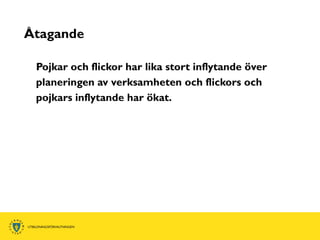 Åtagande

 Pojkar och flickor har lika stort inflytande över
 planeringen av verksamheten och flickors och
 pojkars inflytande har ökat.
 
