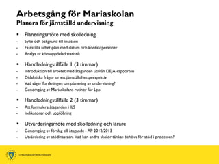 Arbetsgång för Mariaskolan
Planera för jämställd undervisning
   Planeringsmöte med skolledning
-   Syfte och bakgrund till insatsen
-   Fastställa arbetsplan med datum och kontaktpersoner
-   Analys av könsuppdelad statistik

   Handledningstillfälle 1 (3 timmar)
-   Introduktion till arbetet med åtaganden utifrån DEJA-rapporten
-   Didaktiska frågor ur ett jämställdhetsperspektiv
-   Vad säger forskningen om planering av undervisning?
-   Genomgång av Mariaskolans rutiner för Lpp

   Handledningstillfälle 2 (3 timmar)
-   Att formulera åtaganden i ILS
-   Indikatorer och uppföljning

   Utvärderingsmöte med skolledning och lärare
-   Genomgång av förslag till åtagande i AP 2012/2013
-   Utvärdering av stödinsatsen. Vad kan andra skolor tänkas behöva för stöd i processen?
 