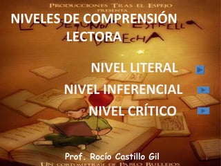 NIVEL LITERAL NIVEL INFERENCIAL NIVEL CRÍTICO  Prof. Rocío Castillo Gil NIVELES   DE COMPRENSIÓN LECTORA 