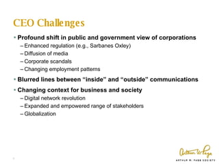 CEO Challenges <ul><li>Profound shift in public and government view of corporations </li></ul><ul><ul><li>Enhanced regulat...