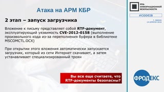 Атака на АРМ КБР
2 этап – запуск загрузчика
Вы все еще считаете, что
RTF-документы безопасны?
Вложение к письму представляет собой RTF-документ,
эксплуатирующий уязвимость CVE-2012-0158 (выполнение
произвольного кода из-за переполнения буфера в библиотеке
MSCOMCTL.OCX)
При открытии этого вложения автоматически запускается
загрузчик, который из сети Интернет скачивает, а затем
устанавливает специализированный троян
#CODEIB
Г. МИНСК
14 АПРЕЛЯ 2016
 