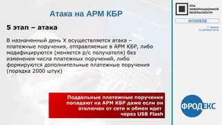 Атака на АРМ КБР
5 этап – атака
Поддельные платежные поручения
попадают на АРМ КБР даже если он
отключен от сети и обмен идет
через USB Flash
В назначенный день X осуществляется атака –
платежные поручения, отправляемые в АРМ КБР, либо
модифицируются (меняется р/с получателя) без
изменения числа платежных поручений, либо
формируются дополнительные платежные поручения
(порядка 2000 штук)
#CODEIB
Г. МИНСК
14 АПРЕЛЯ 2016
 