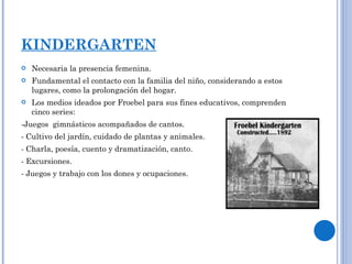 KINDERGARTEN Necesaria la presencia femenina. Fundamental el contacto con la familia del niño, considerando a estos lugares, como la prolongación del hogar. Los medios ideados por Froebel para sus fines educativos, comprenden cinco series:  -Juegos  gimnásticos acompañados de cantos. - Cultivo del jardín, cuidado de plantas y animales. - Charla, poesía, cuento y dramatización, canto. - Excursiones. - Juegos y trabajo con los dones y ocupaciones. 