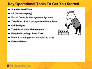 Standardized Work 5S (Housekeeping)  Visual Controls Management Systems Takt-Flow - Pull Concepts/One-Piece Flow Cell Designs Total Productive Maintenance Mistake Proofing - Poka Yoke Work Balancing (most complex to use) Kaizen Blitzes Key Operational Tools To Get You Started 