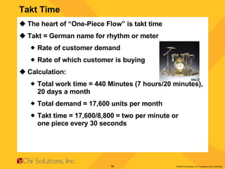 Takt Time The heart of “One-Piece Flow” is takt time Takt = German name for rhythm or meter Rate of customer demand Rate of which customer is buying Calculation: Total work time = 440 Minutes (7 hours/20 minutes),  20 days a month Total demand = 17,600 units per month Takt time = 17,600/8,800 = two per minute or  one piece every 30 seconds 