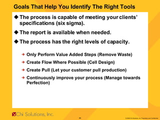 The process is capable of meeting your clients’ specifications (six sigma). The report is available when needed. The process has the right levels of capacity. Only Perform Value Added Steps (Remove Waste) Create Flow Where Possible (Cell Design) Create Pull (Let your customer pull production) Continuously improve your process (Manage towards Perfection) Goals That Help You Identify The Right Tools 