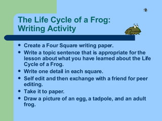 The Life Cycle of a Frog:  Writing Activity Create a Four Square writing paper. Write a topic sentence that is appropriate for the lesson about what you have learned about the Life Cycle of a Frog. Write one detail in each square. Self edit and then exchange with a friend for peer editing. Take it to paper. Draw a picture of an egg, a tadpole, and an adult frog. 